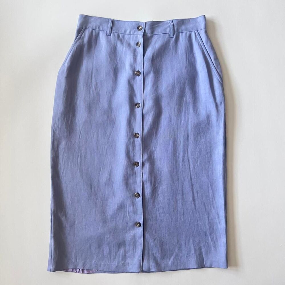 vintage lavender linen midi skirt with button front and pockets